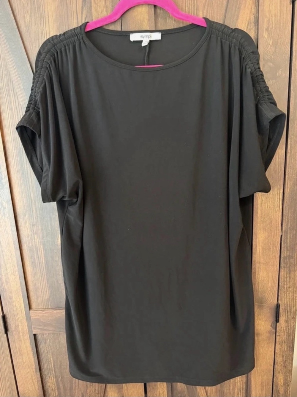 Sympli Black Short-Sleeve Top with Smocked Shoulders